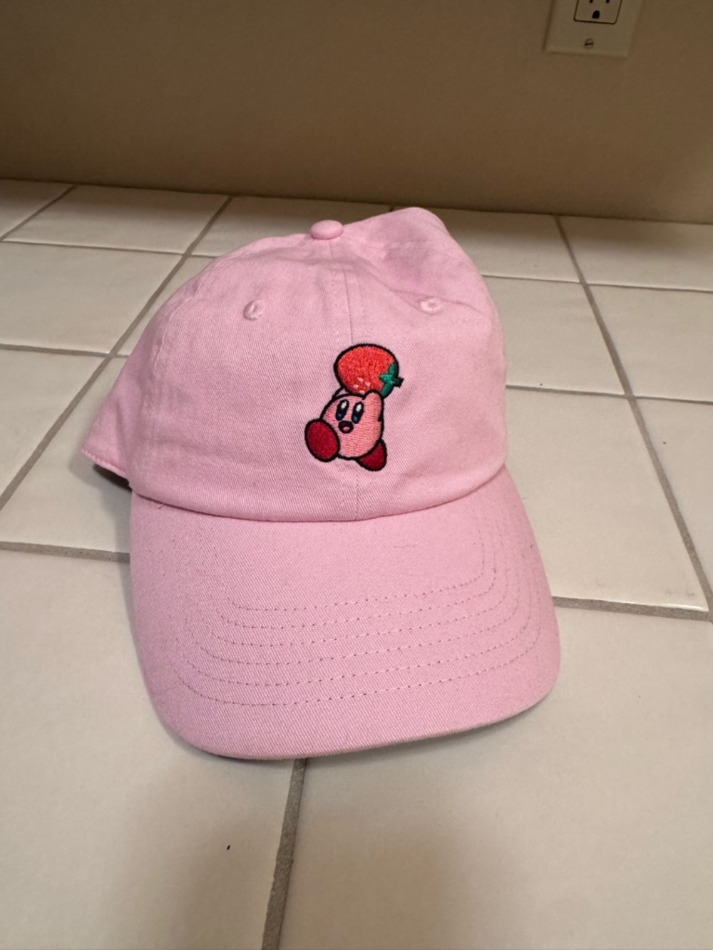 Kirby Holding Strawberry Hat Pink Strap Back Baseball Cap Nintendo Adjustable
